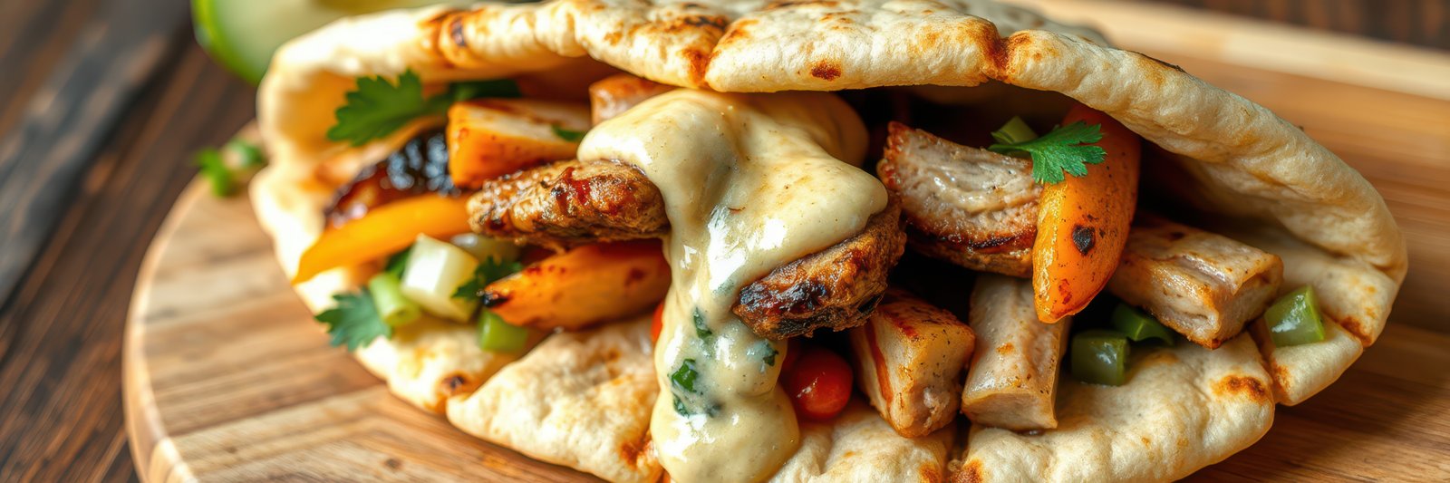 Delicious wrap filled with grilled chicken, fresh vegetables, and creamy sauce on a wooden board